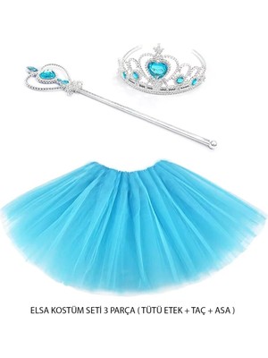 Mey Ithalat® Mavi Prenses Elsa Kostüm Seti 3 Parça (Tütü Etek + Taç + Asa )