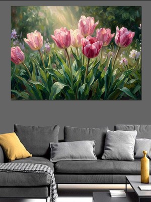 Artmeg Bahçede Açmış Pembe Lale Buketi Dekoratif Kanvas - Mdf Ahşap Tablo