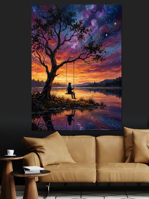 Tablomega Yıldızlı Gece Altında Salıncakta Oturan Silüet Dekoratif Kanvas - Mdf Ahşap Tablo