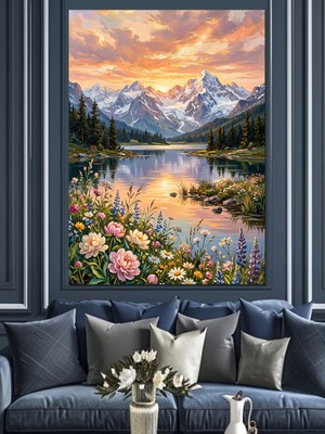 Tablomega Gün Batımında Karlı Dağlar ve Çiçekler Dekoratif Kanvas - Mdf Ahşap Tablo