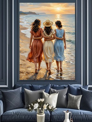 Tablomega Sahilde Kol Kola Yürüyen Üç Kadın Dekoratif Kanvas - Mdf Ahşap Tablo