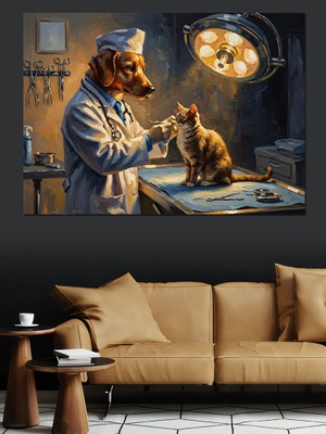 Tablomega Ameliyat Yapan Doktor Köpek Tablosu Dekoratif Kanvas - Mdf Ahşap Tablo