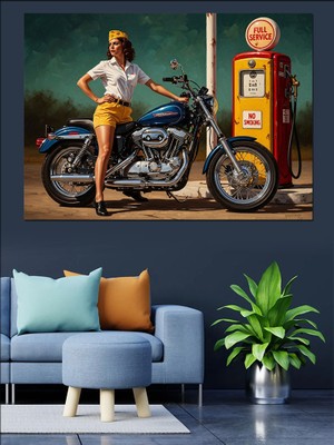 Artmeg Motosikletli Pin Up Kadın Görseli Dekoratif Kanvas - Mdf Ahşap Tablo