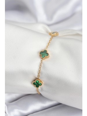 Mey Ithalat® 316L Çelik Gold Renk Yeşil Baby Boy Yonca Kadın Bileklik