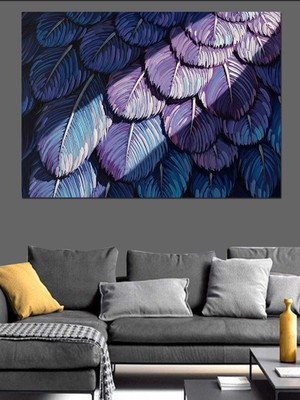 Tablomega Mor ve Mavi Sanatsal Kuş Tüyleri Dekoratif Kanvas - Mdf Ahşap Tablo
