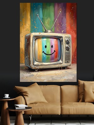 Artmeg Retro Televizyon Gülen Yüz Ekranı Dekoratif Kanvas - Mdf Ahşap Tablo