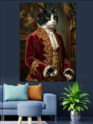 Artmeg Saray Kıyafetli Aristokrat Kedi Portresi Dekoratif Kanvas - Mdf Ahşap Tablo