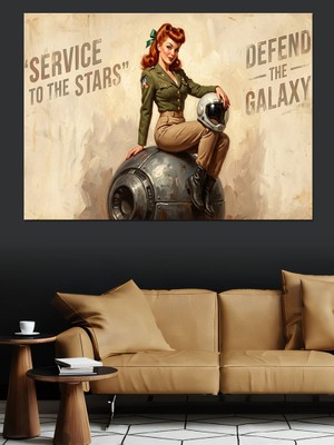 Tablomega Galaksi Savunucusu Retro Pin-Up Kadın Dekoratif Kanvas - Mdf Ahşap Tablo