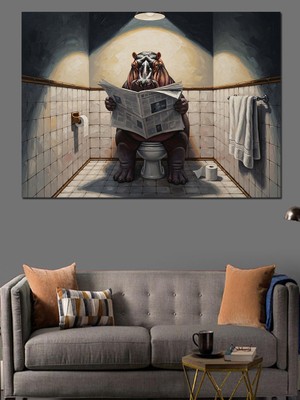 Artmeg Banyoda Gazete Okuyan Büyük Ayı Dekoratif Kanvas - Mdf Ahşap Tablo