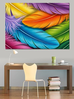 Tablomega Renkli Kuş Tüyleri Yakın Çekim Dekoratif Kanvas - Mdf Ahşap Tablo