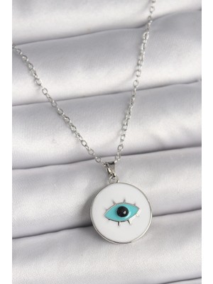 Mey Ithalat® 316L Çelik Gümüş Renk Zincir Beyaz Mineli Turkuaz Göz Işleme Model Kadın Kolye