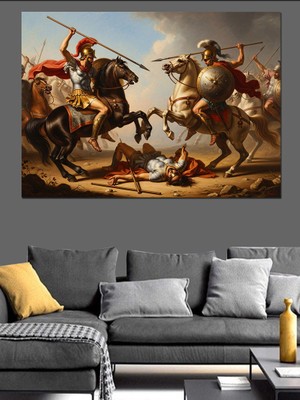 Artmeg At Üzerinde Savaşan Antik Askerler Dekoratif Kanvas - Mdf Ahşap Tablo