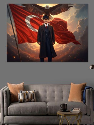 Artmeg Bayrak Önünde Atatürk ve Kartal Dekoratif Kanvas - Mdf Ahşap Tablo