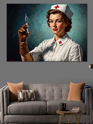 Tablomega Elinde Şırınga Tutan Retro Hemşire Dekoratif Kanvas - Mdf Ahşap Tablo