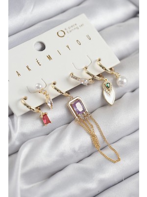 Mey Ithalat® Pirinç Zirkon Taşlı Sallantılı ve Incili Gold Renk 6'lı Küpe Set