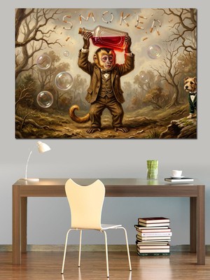 Tablomega Kokteyl Hazırlayan Küçük Maymun Figürü Dekoratif Kanvas - Mdf Ahşap Tablo