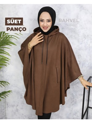 Rahvel Asude Kapüşonlu Süet Panço Kahverengi