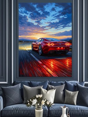Tablomega Gün Batımında Yolda Giden Kırmızı Araba Dekoratif Kanvas - Mdf Ahşap Tablo