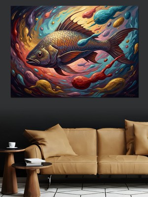 Artmeg Renk Patlamalı Soyut Balık Figürü Dekoratif Kanvas - Mdf Ahşap Tablo