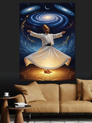 Tablomega Gökyüzünde Dönen Beyaz Semazen Figürü Dekoratif Kanvas - Mdf Ahşap Tablo