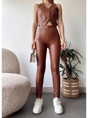 Colezium Iki Düğmeli Deri Yelek Kahve