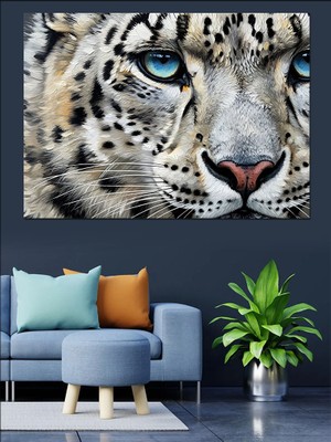 Tablomega Mavi Gözlü Kar Leoparı Yakın Çekim Dekoratif Kanvas - Mdf Ahşap Tablo