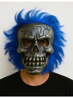 Mey Ithalat® Wild Skull - Gümüş Kafatası Mavi Saçlı Iskelet Maske