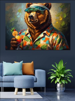 Artmeg Tropikal Gömlekli Gözlüklü Ayı Portresi Dekoratif Kanvas - Mdf Ahşap Tablo