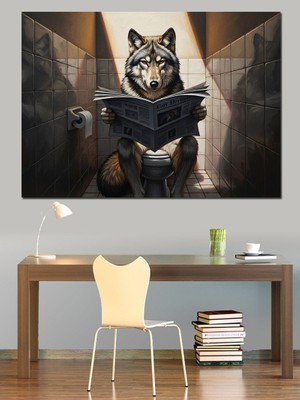 Artmeg Banyoda Gazete Okuyan Bilge Kurt Dekoratif Kanvas - Mdf Ahşap Tablo