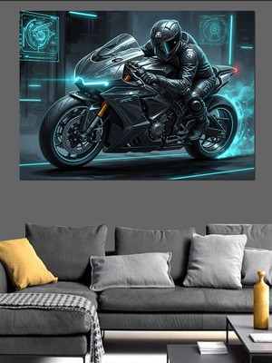 Artmeg Fütüristik Gece Sürüşü Motosiklet Tasarımı Dekoratif Kanvas - Mdf Ahşap Tablo