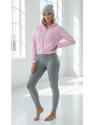 Colezium 3 Iplik Şardonlu Kapşonlu Fermuarlı Kısa Üst Pembe PAT8590