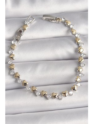 Mey Ithalat® Pirinç Gümüş Renk Zirkon Taşlı Gold Kalpli Vıp Seri Kadın Bileklik