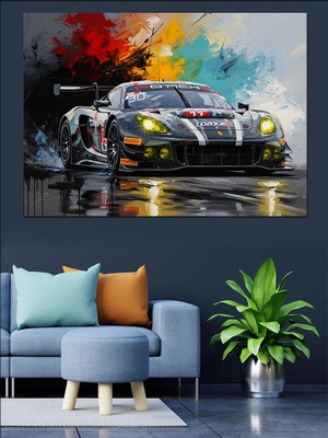 Artmeg Yarış Pistinde Hızlı Spor Otomobil Dekoratif Kanvas - Mdf Ahşap Tablo