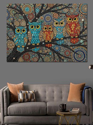 Tablomega Dalda Duran Dört Renkli Baykuş Dekoratif Kanvas - Mdf Ahşap Tablo