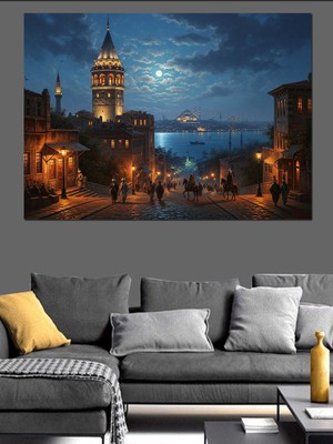 Artmeg Gece Galata Kulesi ve Deniz Dekoratif Kanvas - Mdf Ahşap Tablo