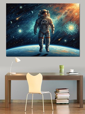 Artmeg Uzayda Süzülen Modern Astronot Portresi Dekoratif Kanvas - Mdf Ahşap Tablo