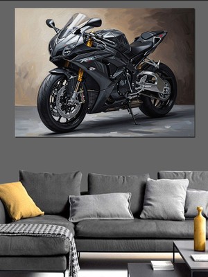 Artmeg Gece Şehrinde Modern Siyah Motosiklet Dekoratif Kanvas - Mdf Ahşap Tablo