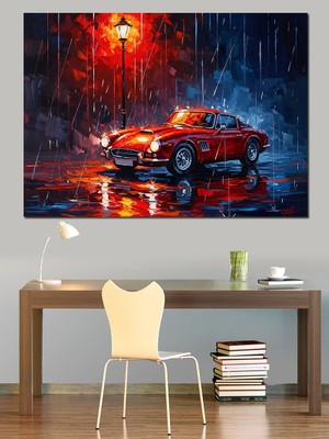 Artmeg Yağmurda Gece Işığında Kırmızı Araba Dekoratif Kanvas - Mdf Ahşap Tablo