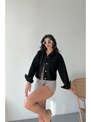 Colezium Çift Cepli Kol Katlamalı Süper Taş Enzim Yılı Crop Kot Ceket Siyah