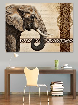 Artmeg Eskitme Kağıt Üzerinde Fil Portresi Dekoratif Kanvas - Mdf Ahşap Tablo