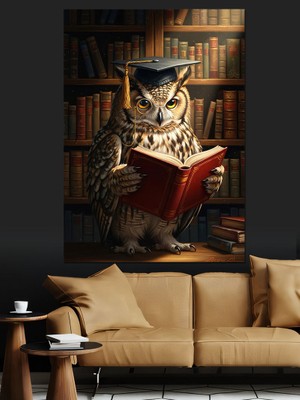 Tablomega Kütüphanede Kitap Okuyan Bilge Baykuş Dekoratif Kanvas - Mdf Ahşap Tablo