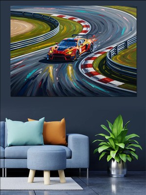 Tablomega Yarış Pistinde Hızla Giden Araç Dekoratif Kanvas - Mdf Ahşap Tablo