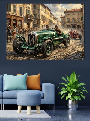 Artmeg Yarış Pistinde Klasik Spor Araba Dekoratif Kanvas - Mdf Ahşap Tablo