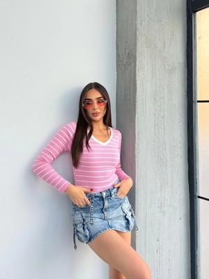 Colezium V Yaka Çizgili Bluz Pembe