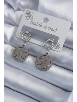 Mey Ithalat® 316L Çelik Gümüş Renk Zirkon Taşlı Yonca Model Işleme Detay Kadın Küpe