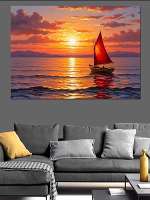 Artmeg Gün Batımında Yelkenli ve Deniz Dekoratif Kanvas - Mdf Ahşap Tablo