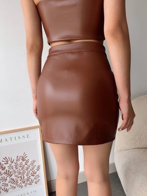 Colezium Dantelli Fermuarlı Deri Etek Kahve