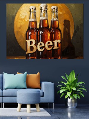 Tablomega Yan Yana Üç Şişe Bira Dekoratif Kanvas - Mdf Ahşap Tablo