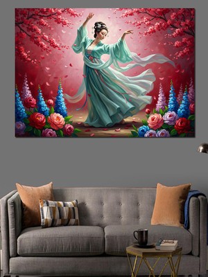 Artmeg Pembe Çiçekler Arasında Dans Eden Kadın Dekoratif Kanvas - Mdf Ahşap Tablo