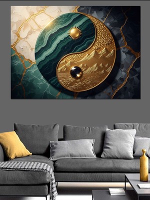Artmeg Yin Yang Tasarımlı Ay ve Güneş Dekoratif Kanvas - Mdf Ahşap Tablo